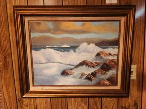lot 218 image: Framed original painting of waves crashing against the rocks