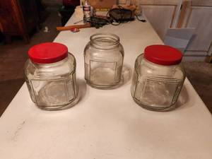 lot 179 image: Set of 3 vintage glass storage jars - only 2 lids