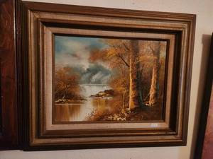 lot 128 image: Framed painting of woods and stream