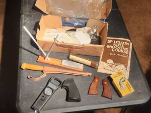 lot 55 image: Selection of outdoor type items - gun grips, knife sharpeners, compass, fish scale, fillet knife