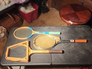 lot 28 image: Selection of 3 vintage tennis rackets - great wall hangers