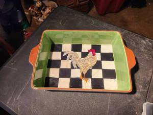 lot 20 image: Home Essentials covered Rooster themed dish - Checkerboard Rooster Collection