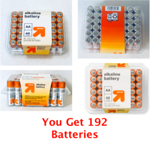 lot 62 image: Lot of 4 - NewSealed Up & Up Alkaline Batteries, AA - 192 Total Count - Expire 631 - Retails $60
