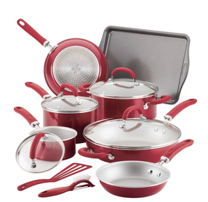 lot 100 image: New Rachael Ray Create Delicious 13pc Aluminum Nonstick Cookware Set, Red - Retails $170