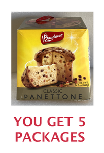 lot 130 image: Lot of 5 - New Bauducco Classic Panettone - Moist & Fresh Holiday Cake - Traditional Italian Recipe With Candied Fruit & Raisins 24.0oz Each - As Shown
