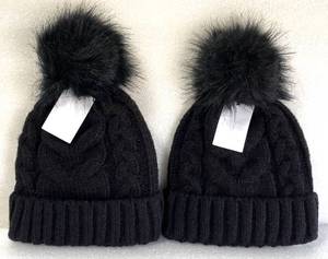 lot 189 image: Lot of 2 - New With Tags West Loop Womens Winter Knitted Black Beanies with Faux Fur Pom, Model#940708 - As Shown - Total Retail $20