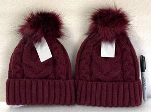 lot 190 image: Lot of 2 - New With Tags West Loop Womens Winter Knitted Burgundy Beanies with Faux Fur Pom, Model#940708 - As Shown - Total Retail $20
