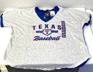lot 204 image: New With Tags Majestic Texas Baseball Womens XL Rangers One And Only SS Fashion Top, Model#00RW - As Shown - Retails $28