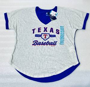 lot 232 image: New With Tags Majestic Texas Baseball Mens Large Rangers One And Only SS Fashion Top, Model#00RW - As Shown - Retails $28