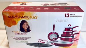 lot 300 image: New Rachael Ray Create Delicious 13pc Aluminum Nonstick Cookware Set, Red - Retails $170