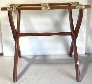 lot 322 image: Vintage Genuine Scheibe Wood Luggage Suitcase Folding Rack Stand Tapestry Fabric Strips Approx. 20 x 22 12 x 17