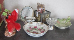 lot 43 image: Vcagco red bird dcor, Granma plate with matching cup- pink mini sherbet glass and more