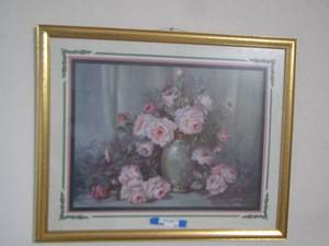 lot 51 image: Pink floral framed art   26 X 32