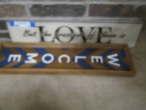lot 74 image: hanging wooden welcome sign 24x6- love sign 5x24