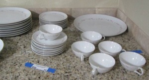 lot 30 image: fine China morning rose 2500 serves 8- dinner plates- bowls- cup saucers- creamersugar plus more