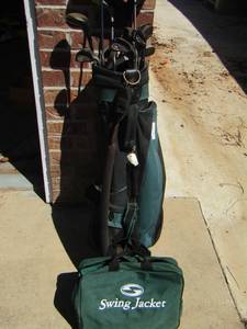 lot 164 image: swing jacket bag & a green golf bag with various golf clubs