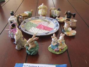 lot 167 image: various small ceramic bunnies- sewing machine and sewing design plate
