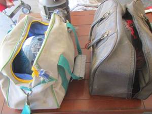 lot 177 image: 2 bowling ball bags with a red and blue bowling balls