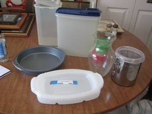 lot 200 image: cereal containers - canister - fruitveggie bowls - vase - 2 round baking pans