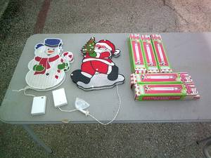 lot 53 image: Holiday Lot Of 5-Electric Candle Lamps, And 2-12-H, LED Light Up Signs, 1-Snowman And 1-Santa, Both Need Batteries