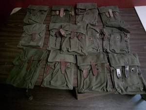 lot 77 image: Vintage-12-Genuine AK-47 Military 3-cells pouch for magazines And 2-Smaller Ones For Oiler And Cleaning Kit.  Military surplus.