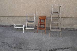 lot 204 image: LOT-of 4, Including  1-Metal Stool, 1-Folding Metal 2-Step Stool, 1-Folding Wooden 2-Step Stool And 1-4-Ft Wooden Ladder