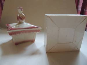 lot 724 image: VINTAGE CERAMIC COVERED DISH W LADY ( REALL INTERESTING)  &  SHULTON POWDER BOX