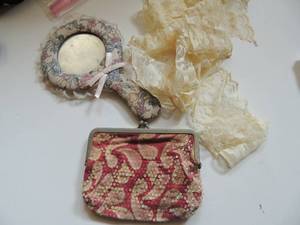 lot 698 image: SMALL BEADED BAG,  HAND MIRROR,  LACE
