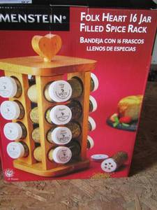 lot 97 image: Folk heart 16 jar spice rack NIB