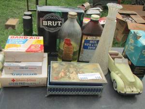 lot 116 image: Bathroom lot- bandages, Avon car perfume, mineral oil, jewelry box plus