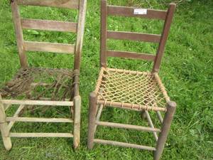 lot 127 image: wooden rope seat chairs qty 2 one chair needs to be redone great project