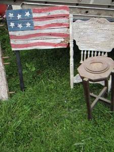 lot 147 image: wooden American flag - small table and a back wooden piece to a chair