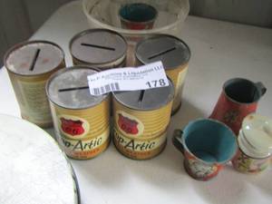 lot 178 image: Phillips 66 Piggie banks qty 5, metal cups, rand tin can
