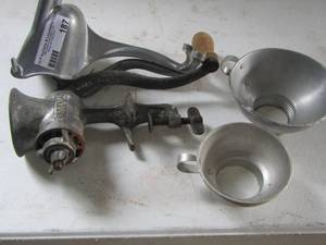 lot 187 image: MEAT GRINDER   & 2 METAL FUNNELS
