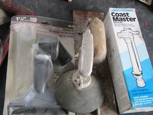 lot 185 image: shop vac brushes and replacement toilet water valve, scrappers and hammers