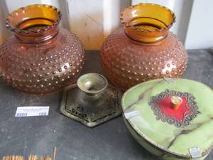 lot 186 image: brown bubble glass lamp shades, covered footed tin can