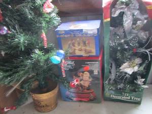 lot 231 image: Christmas lot- 2ft decorated tree, nativity set in box, animated Santa music box