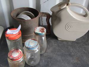lot 262 image: 4 vintage jars, flower sifter, pitcher