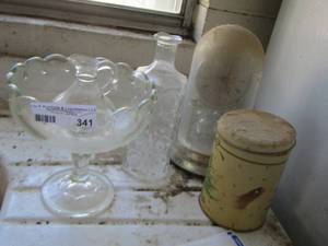 lot 341 image: canister no brand , dome covered clock and glass stand and more