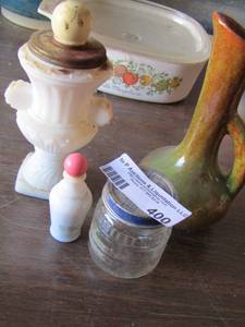 lot 400 image: antique perfume bottles- Gerber baby food jar - handled vase