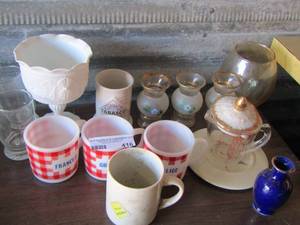 lot 416 image: coffee cups, measuring cup, 3 small floral vases and more