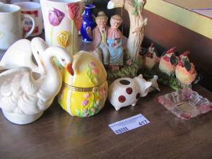 lot 417 image: home dcor lot - flower vase - goose holder- roosters- trinket egg  and more