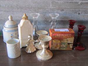 lot 419 image: olde english tin sp shakers, candle holders - perfume bottle and more