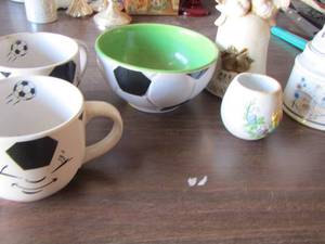 lot 420 image: soccer bowl with 2matching cups - anniversary ceramic music bell- and more
