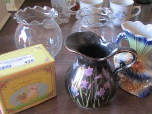 lot 435 image: 2 glass vases - floral pitcher- bunny bubble bath decanter