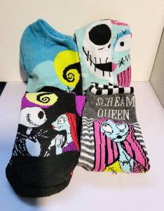 lot 105 image: LOT OF 4 VARIOUS NIGHTMARE BEFORE CHRISTMAS ANKLE SOCKS FT. JACK &amp SALLY, SCREAM QUEEN