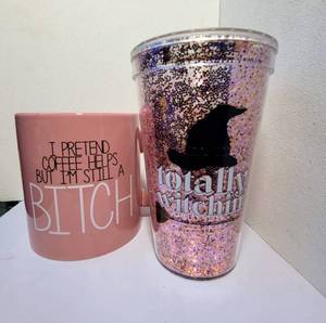 lot 128 image: PINK MUG AND SPARKLY PINK TUMBLER