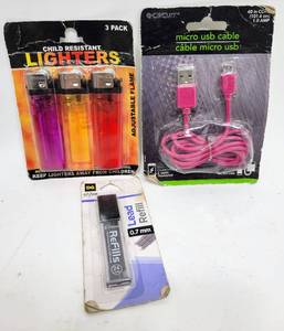 lot 391 image: NEW PACKAGE OF LIGHTERS, CHARGING CABLE AND PACKAGE OF MECHANICAL PENCIL LEAD