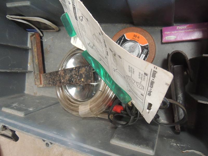 lot 1673 image: toolbox with spotlight 50 ft tape a...