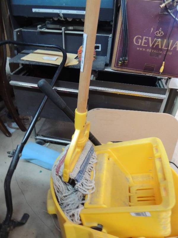 lot 663 image: Yellow caution floor mop bucket wit...
